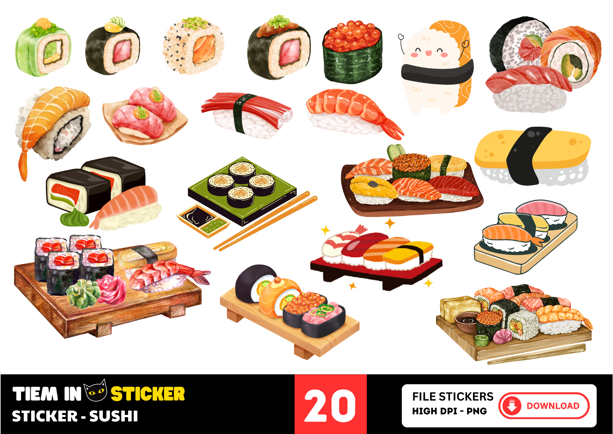 Sticker sushi đa dạng màu sắc và kiểu dáng