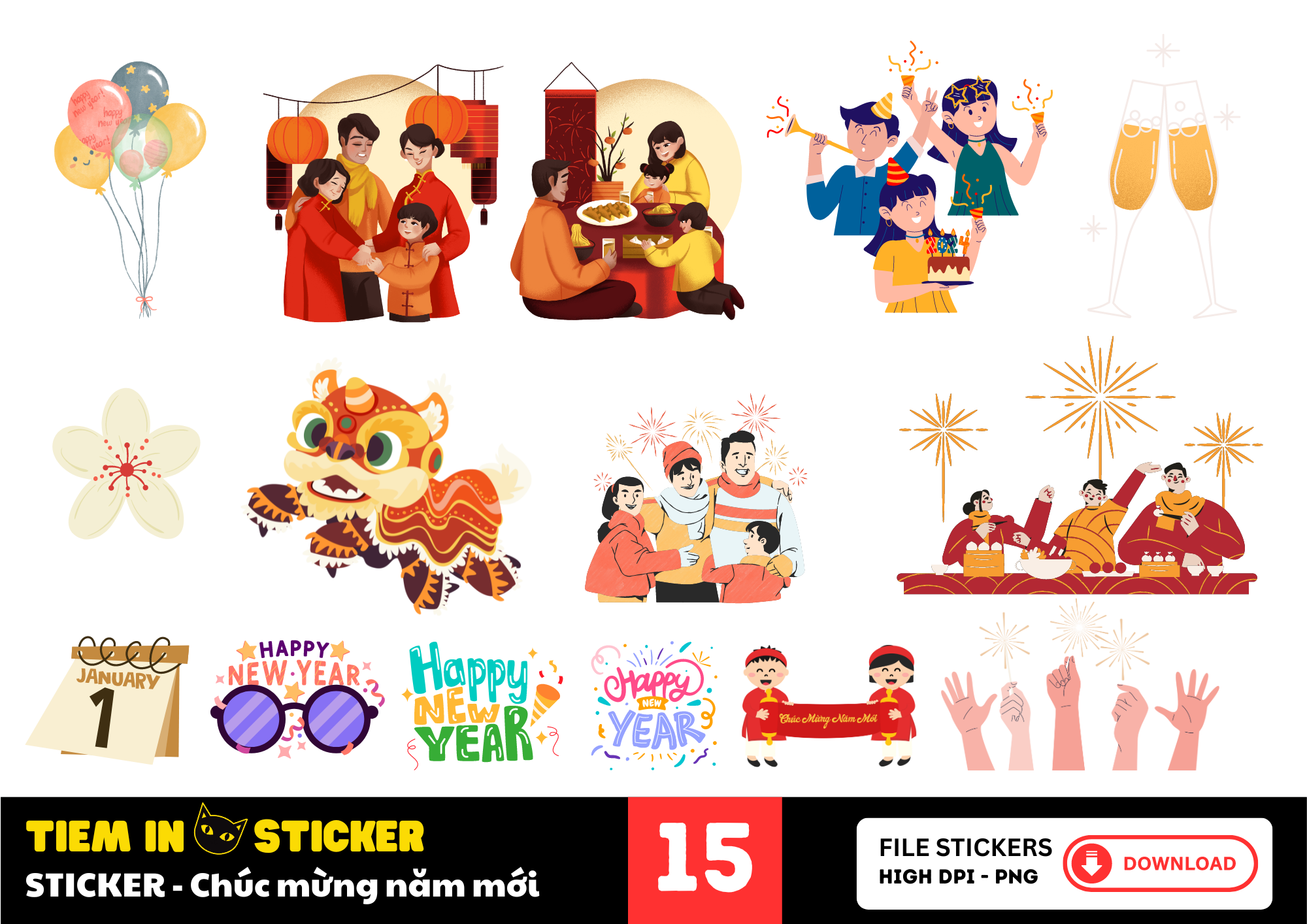 Mẫu sticker chúc mừng năm mới rực rỡ, tải miễn phí