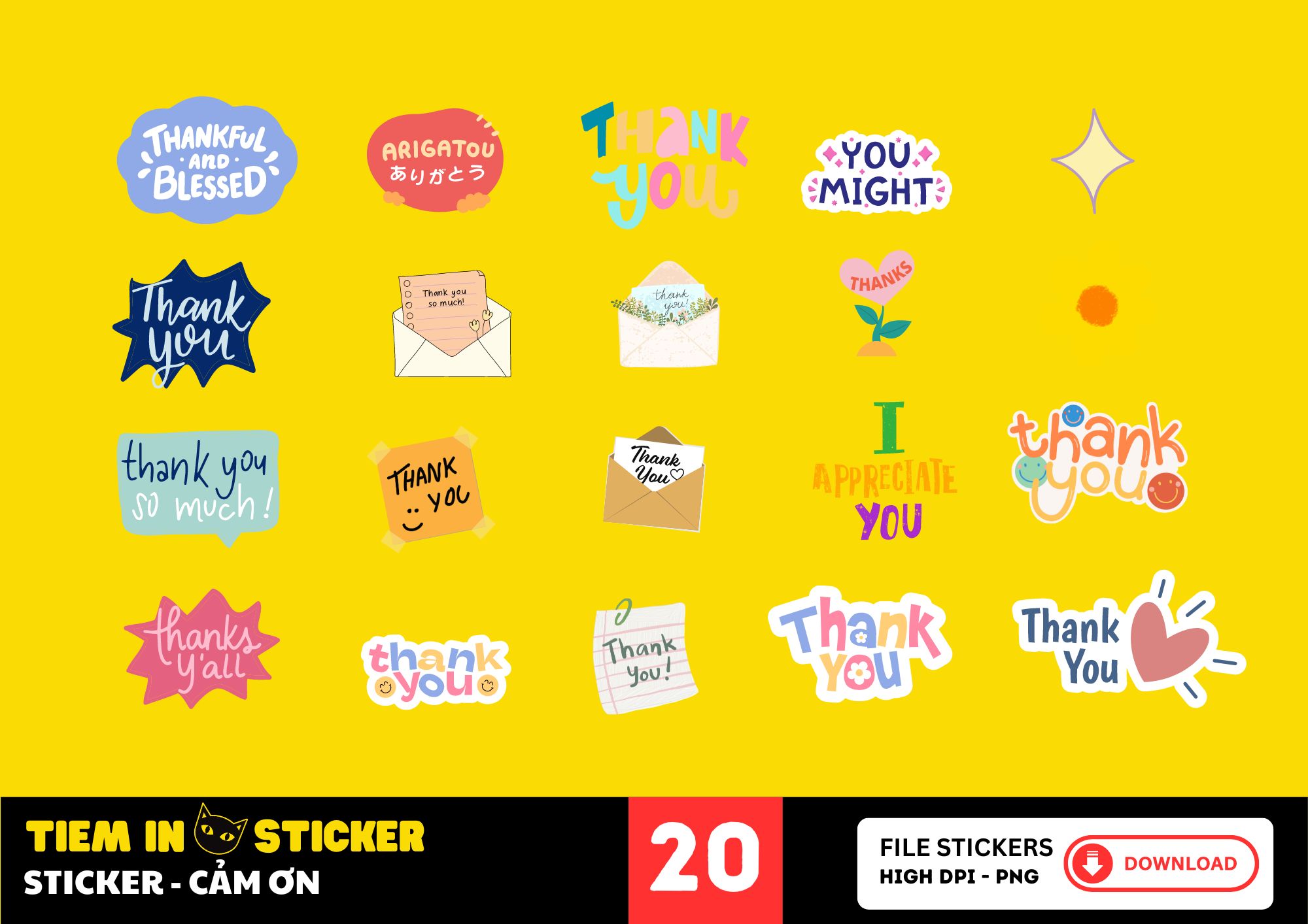 Bộ sticker cảm ơn với nhiều màu sắc và hình dáng