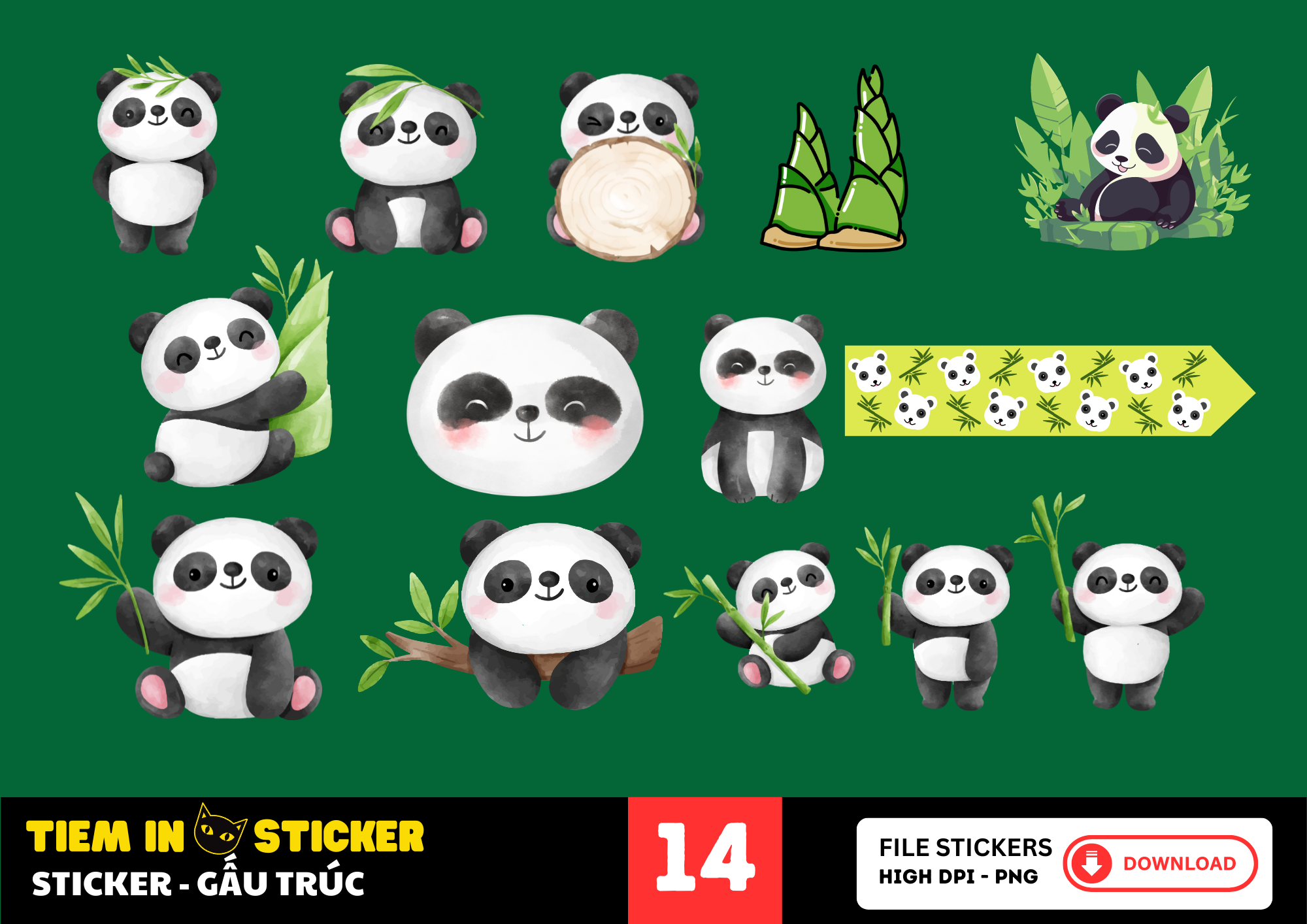 Bộ sticker gấu trúc dễ thương với nhiều tư thế vui nhộn