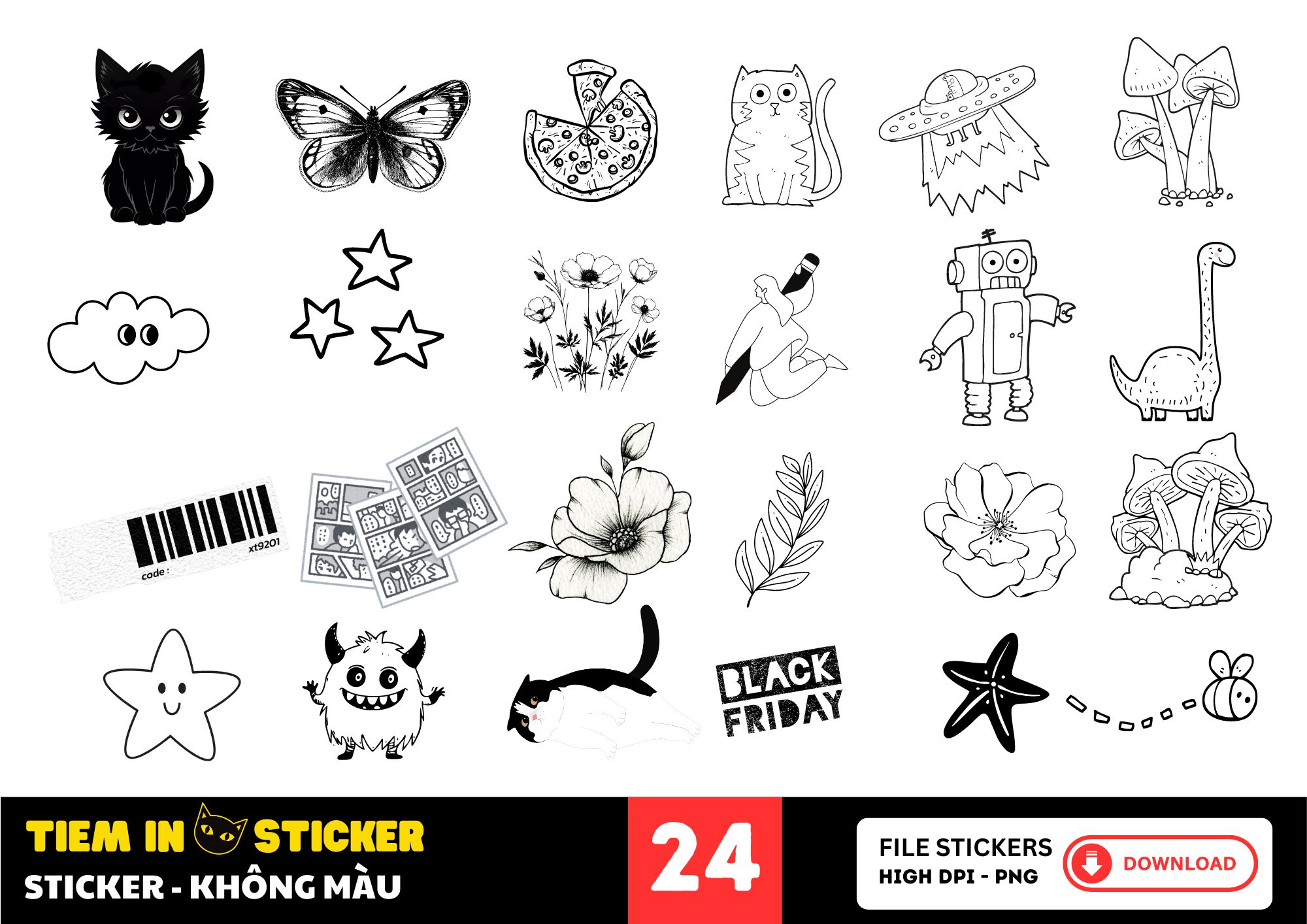 Bộ sticker không màu dễ thương