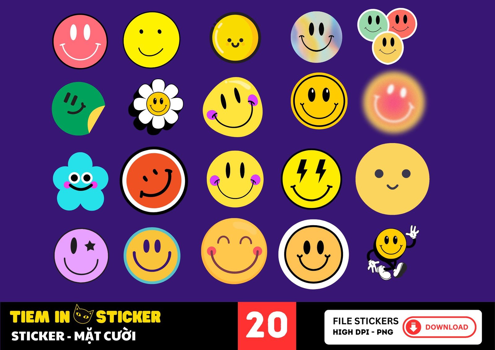 Mẫu sticker mặt cười dễ thương với màu sắc tươi sáng