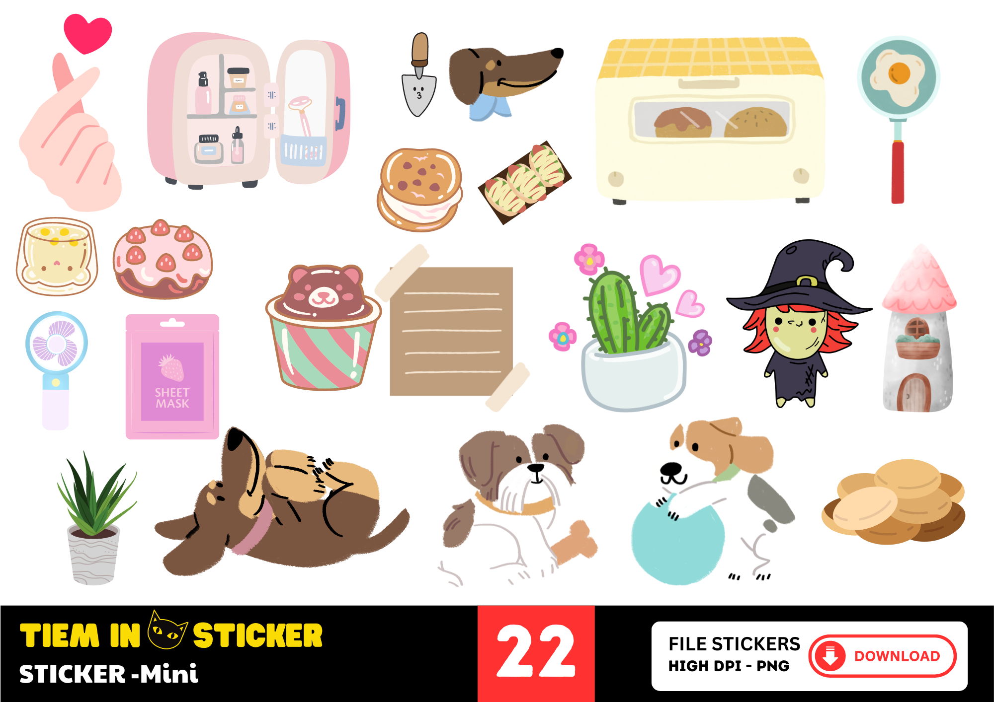 Bộ stickers mini đa dạng với các biểu tượng vui nhộn và đáng yêu